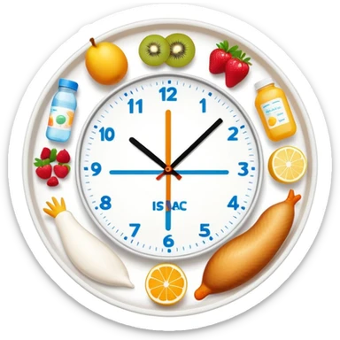 Daily fitness nutrition schedule with water bottle, sun, chicken and rice plate, gym equipment, yogurt, fruit, and sleep symbol arranged in a circle like a clock sticker