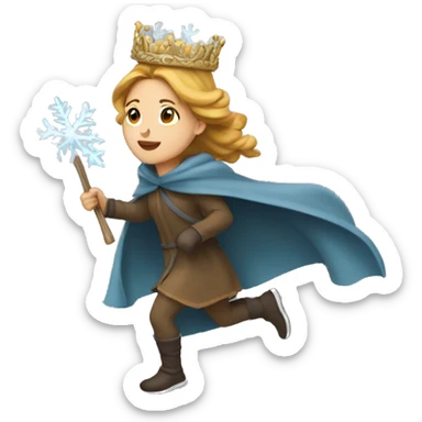 woman running, wearing an Icicle Crown and a Winter Cloak, golden brown hair sticker