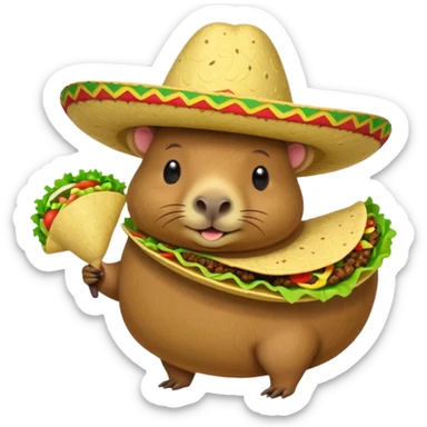 Make a capybara with a taco as a body and a Mexican hat sticker