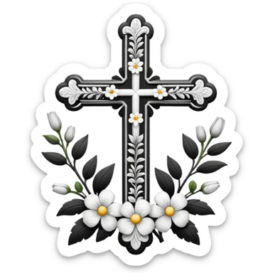 a black and white detailed cross with flowers over lapping sticker
