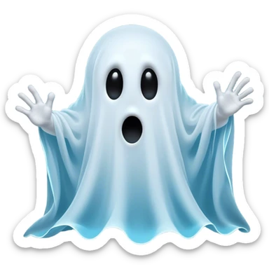 A hilariously exaggerated floating sheet ghost, its simple yet expressive form billowing with animated energy in vibrant whites and pale blues, with two wide, comically shocked eyes and a quirky, startled mouth, simplified yet overflowing with personality, highly detailed with a soft neon-like glowing outline, capturing the playful absurdity of a ghost caught off guard! sticker