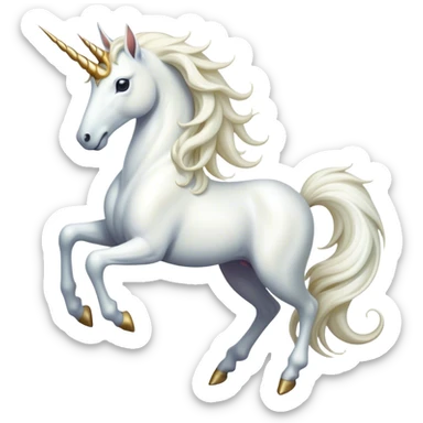 Cinematic Noble White Unicorn Portrait Emoji, Poised and regal, with a slender, ethereal form draped in a pristine white color, a flowing mane and tail, and a glistening, spiraled horn that radiates pure light, Simplified yet sharp and sophisticated features, highly detailed, glowing with a soft, iridescent luminescence, high shine, intelligent and transcendent, stylized with an air of mythical enchantment, focused and serene, soft glowing outline, capturing the essence of a watchful and confident white unicorn that appears ready to prance out of the screen with magical grace! sticker