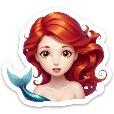 Cinematic Realistic Red Hair Mermaid Portrait, head tilted playfully and inquisitively, showcasing an ethereal form with finely detailed, flowing red hair against luminous porcelain skin. Her bright, curious eyes sparkle like hidden gems beneath the gentle caress of underwater light, rendered with lifelike clarity and warm, filtered illumination—capturing the essence of a spirited mermaid ready to splash playfully into your imagination. sticker