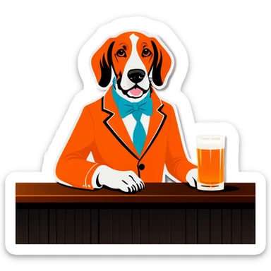 Hound dog in tangerine and white clothes at a whiskey bar sticker