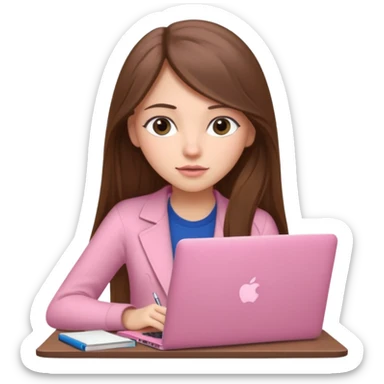 Chica lacia peli larga y peli larga  en una MacBook rosa investigando y haciendo tareas con un libro de apuntes y con cara muy linda como modelo sticker