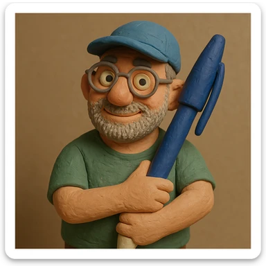 Transform this portrait into a claymation style, matching the look of a positive stalker man with a baseball cap and a big pen in both arms, friendly expression. sticker