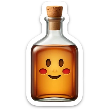 sturdy glass bottle with squared shoulders and a short neck, filled with rich amber-brown liquid, slightly tinted glass showing depth of color inside, capped with a cork or dark metal top, no label, sealed bottle, apple emoji style, soft lighting, subtle shadows, transparent background, emoji scale sticker