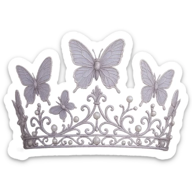 a delicate crown adorned with butterfly motifs, pale lavender with pearl accents, soft and haunting sticker