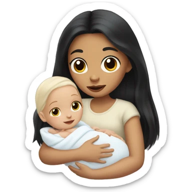 Pale girl with long black hair is holding a pale newborn baby sticker
