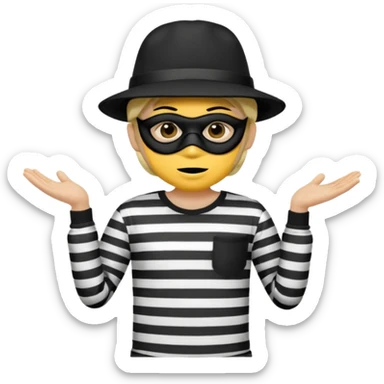 Shrugging shoulders emoji but wearing cliche robber outfit not holding any money, emoji yellow skin tone sticker