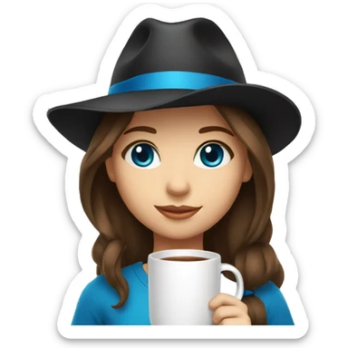 A girl with brown hair with blue eyes in a black panama hat holds a mug sticker