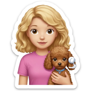 hazme un emoji que sea una niña rubi con el pelo ondulado i una camiseta rosa que ponga brownie, i acariciando a un perro (caniche toy) si pero con el pelo mas largo i no tan rubia el pelo marron i no rubia sticker