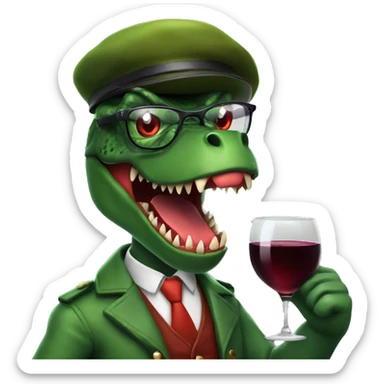 Angry Green Trex wearing red beret and eyeglasses holding red wineglass  sticker