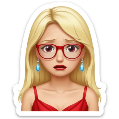 lomg blond woman  crying with glasses with red party wear dress sticker