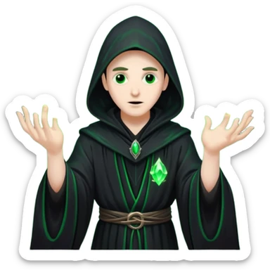 A dark sorcerer in flowing black robes, conjuring eerie green flames sticker