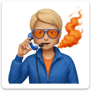 emoji-style person in sporty blue jacket and sunglasses, making phone call gesture, lively expressive character, dramatic orange smoke background sticker