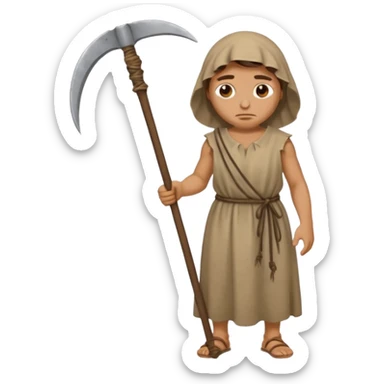 Emoji portrait of a Greek peasant. Rough chiton dress, holding a scythe, tired expression. sticker