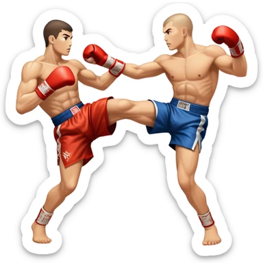 An icon showcasing a kickboxer in action, using precise techniques with both feet and elbows. One fighter delivers a powerful kick to the opponent's legs, while the other counters with an elbow strike. The background features a ring and a dynamic atmosphere. Transparent background  sticker