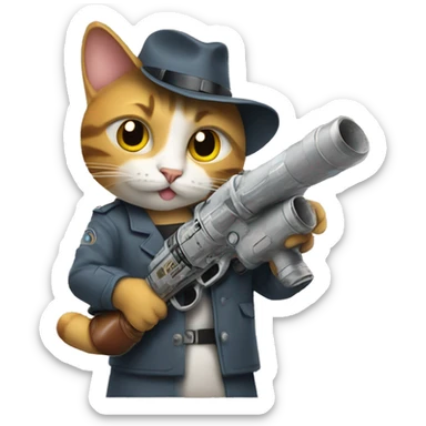 cat holding a raygun in the style of a newspaper comi sticker