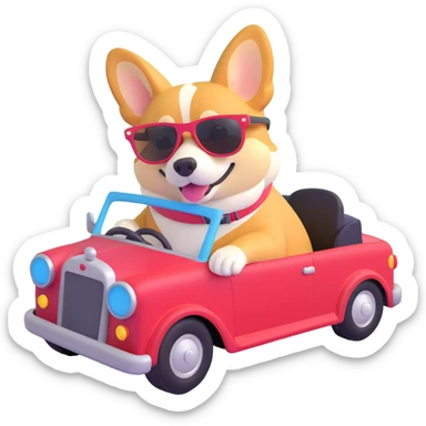 a corgi with sunglasses driving a car sticker