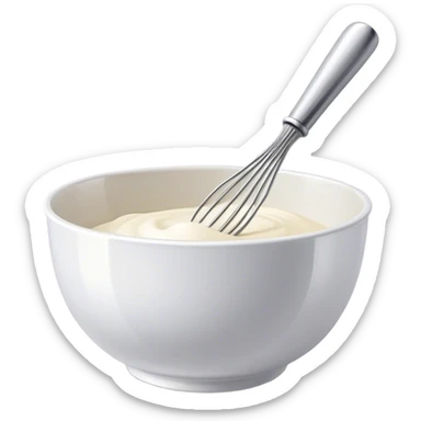 Cinematic Realistic Whisk & Mixing Bowl, a well-used metal whisk resting in a smooth ceramic mixing bowl, light reflecting off the whisk’s polished surface, subtle smears of batter along the rim, glowing with a sense of warmth and creativity. sticker