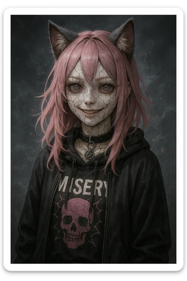 realistic anime catgirl with pink hair, emo streetwear, heart tattoo under left eye, dark magical accessory, sparkles, stormy background, cracked porcelain doll horror look with cracked skin, glassy eyes, eerie smile sticker
