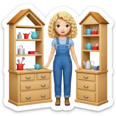 blonde curly woman arranging furniture in doll house with overalls sticker