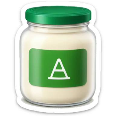 a cream coloured glass jar with a green lid & green label around the middle sticker