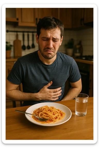 a man sits at a dining table, looking uncomfortable and holding his stomach after eating a plate of pasta. His expression shows mild pain or bloating. On the table, there’s a half-eaten plate of spaghetti, and a glass of water. The background is a cozy kitchen, but the focus is on the man’s discomfort.

 sticker