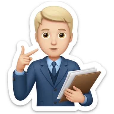 A white man stands with a serious face and points at his hand holding papers. sticker