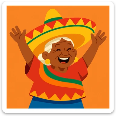 elderly woman wearing a large sombrero, arms raised, cheerful expression sticker