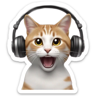 cat wearing headphones shouting and singing in front of microphones, blurred image, microphone on left sticker