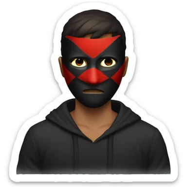  serious-looking guy wearing a red and black hacker mask, with his short hair visible above the mask. His expression is intense, and the mask adds a mysterious and intimidating vibe. sticker