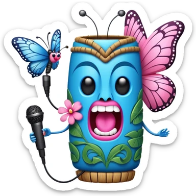 Cartoon Blue and pink tiki singing with butterfly and in the mike sticker
