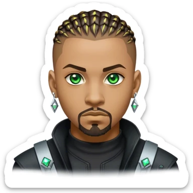 Light skinned African American male with green eyes as a cyberpunk hacker with cornrows hairstyle but short cornrows  with goatee facial hair diamond stud earrings  sticker