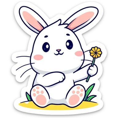 bunny holding a dandelion in the breeze, gentle spring vibe, soft pastel colors sticker