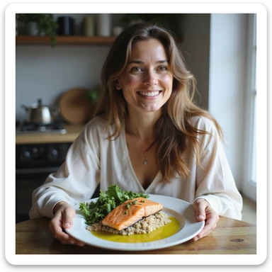Woman with healthy and happy appearance, sitting at a table with a balanced plate: salmon, quinoa, vegetables, and olive oil, bright atmosphere, hyperrealistic 4K details, home environment. Variant 6. sticker