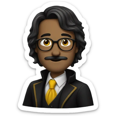 a white man with black, long and straight hair, a black mustache and glasses, hufflepuff sticker