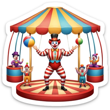 Icon for Circus Arts: a grand vibrant round circus arena with a strongman in a striped costume,  juggler and a clown performing. The icon should convey the excitement and fun of circus performances, with focus on the performers and the colorful setting. Transparent background. sticker