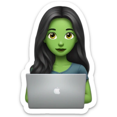 Girl with long dark hair green eyes and laptop sticker