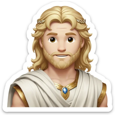 Cinematic Realistic Thor Portrait, head tilted playfully and inquisitively, showcasing his classical Greek god allure with a relaxed, yet commanding presence. His fair, radiant skin and flowing, wavy golden hair are highlighted by a gentle smile and twinkling, approachable eyes. Clad in a gracefully draped white toga with subtle golden embellishments, he exudes a lighthearted yet powerful charm under soft, natural lighting. sticker