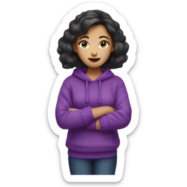 Half Asian girl with a bright purple sweater working at an art store and holding too many art supplies sticker