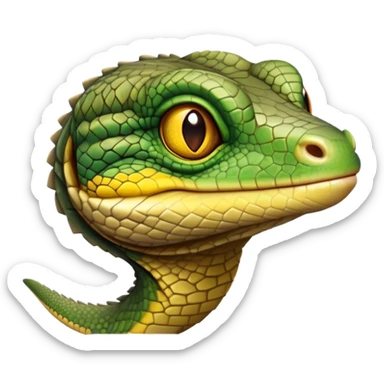 cinematic-realistic-cute-monitor-lizard-portrait-emoji,-head-tilted-playfully-and-inquisitively,-featuring-a-compact,-agile-body-with-finely-detailed,-glossy-scales-in-earthy-olive-hues-and-a-distinct,-alert-face-with-bright,-curious-eyes, yellow and green multi coloured  scales sticker