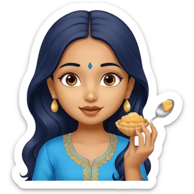 a pretty tan indian bratz girl. eyeliner on, wearing a blue kurti, eating golgappa. NO SPOON. wavy long BLACK coloured hair sticker