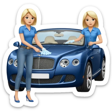 A heavy set middle aged blond lady in blue jeans washing a black Bentley car. show the full car and the lady next to it. show the face smaller and the person standing beside it...use the  sticker