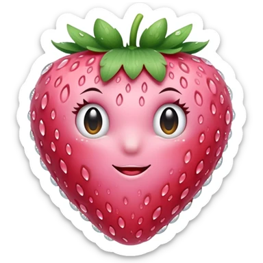 A soft pink strawberry with dew drops, glossy iOS 18 emoji style, elegant and cute sticker
