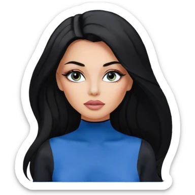 Glamours, tanned, very beautiful girl, with big pump peach-beige-rose lips, eyeliner, long long lashes, black straight smooth silky long hair, straight parting hair, blue-grey eyes, in total black bodysuit long-sleeves sticker