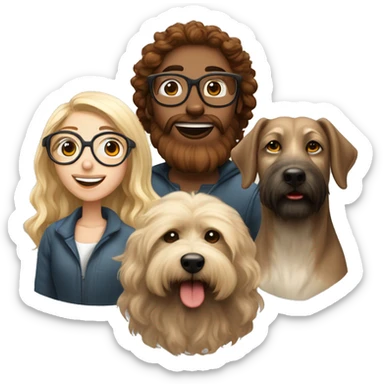 Curl brown hair girl with glasses, wolfhound dog in the middle and blond boy with red beard in the right sticker