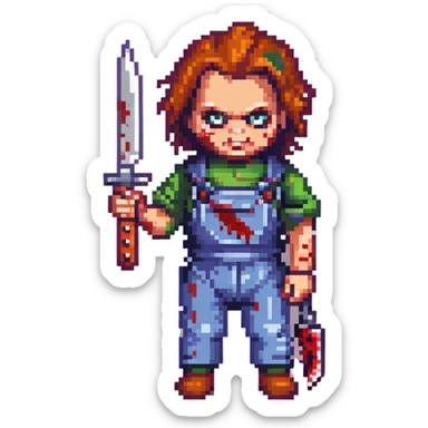 Chucky doll holding a bloody knife, horror style sticker