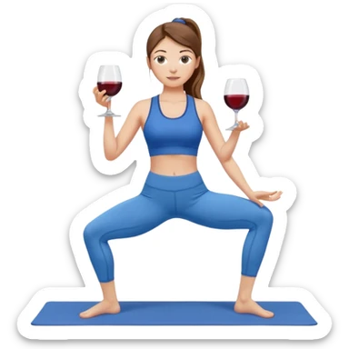 Девушка с каштановыми длинными волосами, собранными в хвост, в синем спортивном топе и синих лосинах занимается йогой с бокалом вина в одной руке sticker